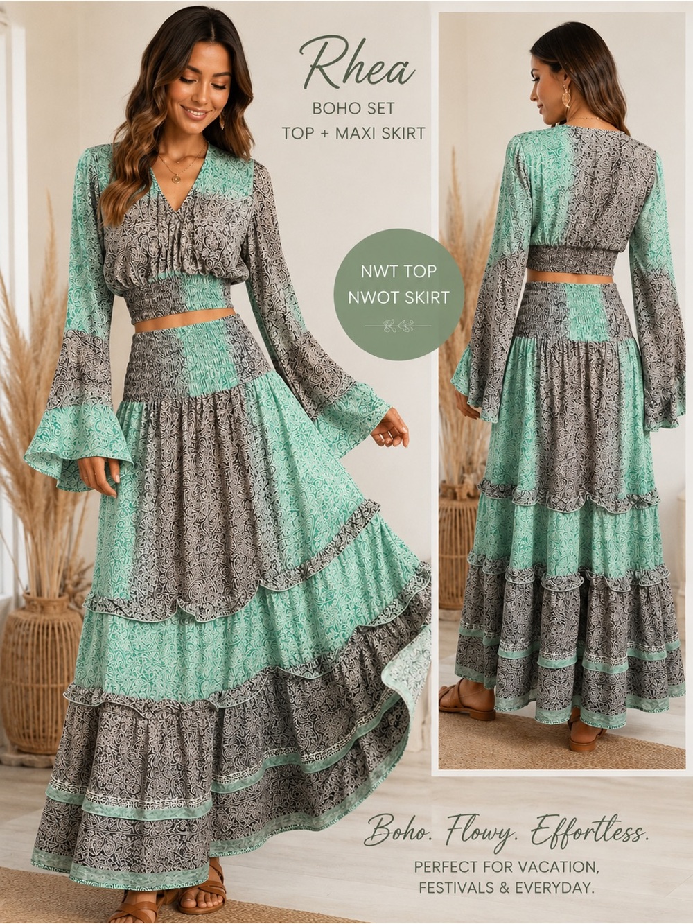 Rhea Boho S/M Set Top + Maxi Skirt Green Paisley Smocked Flowy NWOT/NWT A27